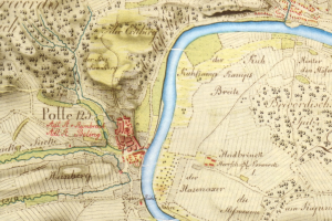 Detailiertes altes Stadtplan von Polle, Deutschland, mit einem Fluss, Straße, Gebäude und anderen Merkmalen markiert.