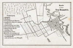 Alte detaillierte Karte von Neu-Braunfels, Deutschland, zeigt Straßen, Gebäude und Sehenswürdigkeiten mit Textanmerkungen.