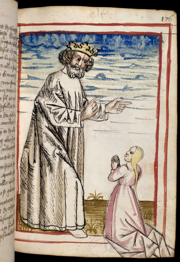 Ein aufgeschlagenes Buch mit einer Zeichnung eines gekrönten Mannes in einem langen Gewand und einer Frau mit gefalteten Händen vor einem textgefüllten Hintergrund, was eine religiöse Einstellung suggeriert.