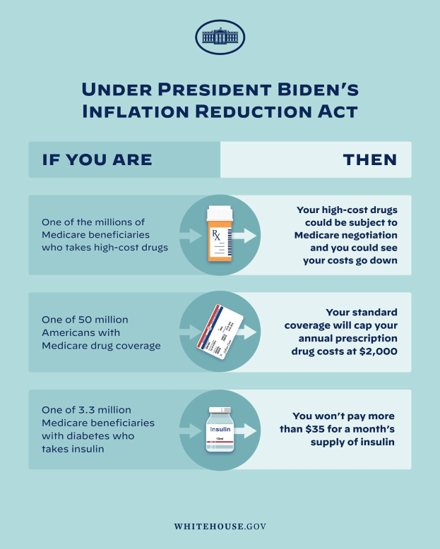 Plakat mit der Überschrift "Unter dem Inflationsreduktionsgesetz von Präsident Biden" mit zwei Abschnitten: Der obere erläutert die Auswirkungen des Gesetzes in fetter schwarzer Schrift auf einem weißen Hintergrund, und der untere zeigt visuelle Darstellungen in Blau und Grün.
