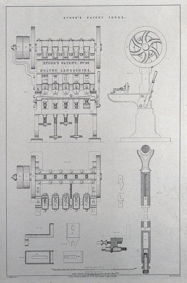 Eine detaillierte Zeichnung einer hydraulischen Pressmaschine mit einem sichtbaren Radmechanismus, begleitet von erklärendem Text auf altem Papier.