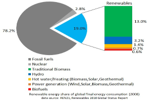 Tortendiagramm, das den globalen erneuerbaren Energieverbrauch im Jahr 2008 zeigt, aufgeteilt nach Energiequellen einschließlich fossiler Brennstoffe, Kernenergie, Wasserkraft, Warmwasser, Heizung, Biomasse, Solarenergie, Geothermie und Biokraftstoffe.