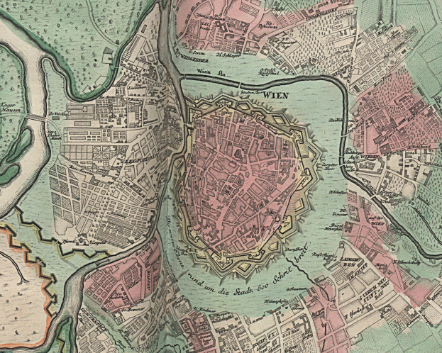 Ein altes Stadtplan von Wien, Deutschland, das Straßen, Gebäude und Sehenswürdigkeiten in detaillierter Weise zeigt.