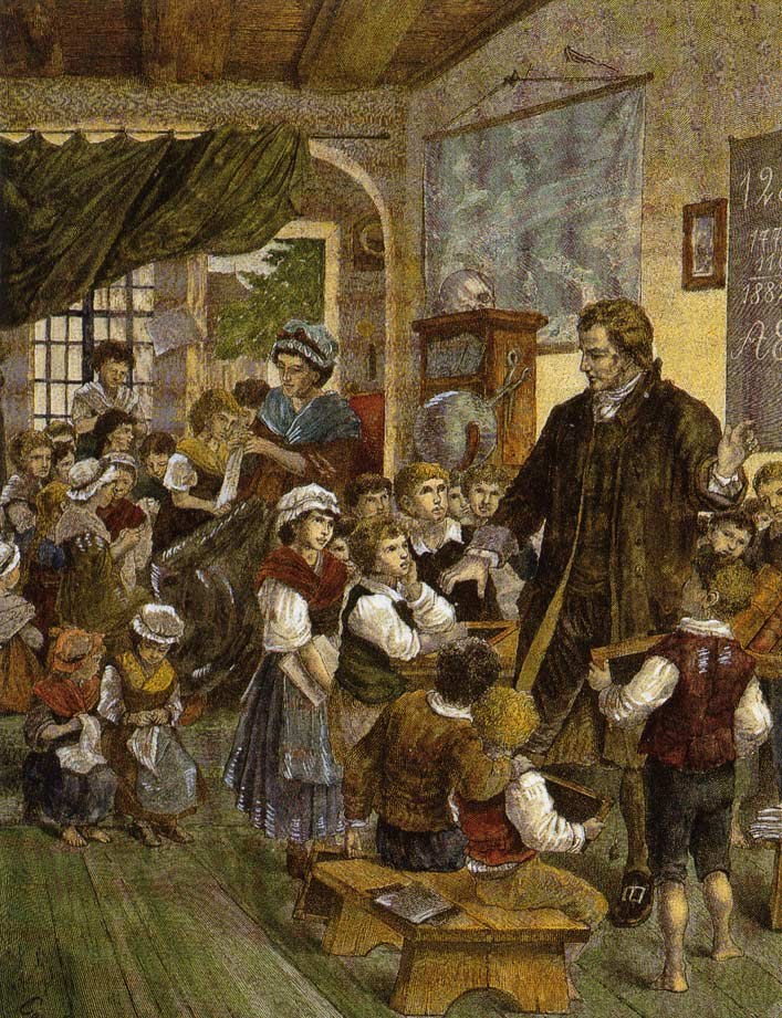 Gemälde mit dem Titel 'Die Lehrerklasse' von William Hogarth, das einen Mann in einem Klassenzimmer mit Kindern auf Bänken und Stehplätzen zeigt, mit einer Schultafel, einem Rahmenfoto, einem Fenster, einem Vorhang und einer Decke.