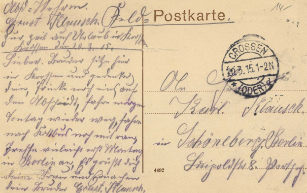 Eine alte Postkarte von Deutschland nach Deutschland, datiert auf den 15-15-1912, mit Text und einer Briefmarke oben rechts.