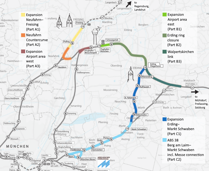 Eine detaillierte Karte einer Stadt mit einer hervorgehobenen Zugroute von München nach Frankfurt, die Haltestellen, die umliegende Gegend und Text mit Informationen über die Länge, die Entfernung und Sehenswürdigkeiten zeigt.