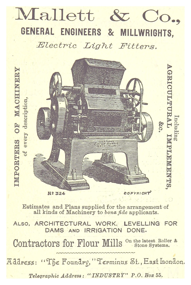 Anzeige für die Elektrolampenfiltermaschine von Mallett & Co., die das Gerät und seine beschriebenen Eigenschaften zeigt.