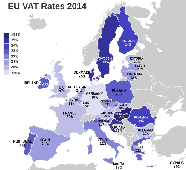 Eine Karte von Europa, die die EU-VAT-Sätze von 2014 mit Prozentwerten und Textbeschriftungen anzeigt.