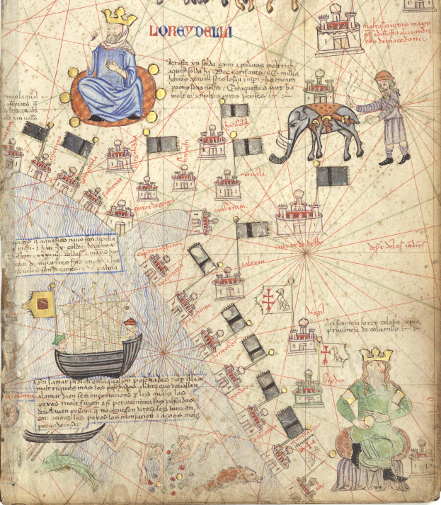 Ein illuminiertes Manuskript mit einer farbenfrohen, detaillierten Weltkarte mit mittelalterlich gekleideten Menschen, verschiedenen Tieren, Booten und beschrifteten geographischen Merkmalen, alles begleitet von dekorativem Text.