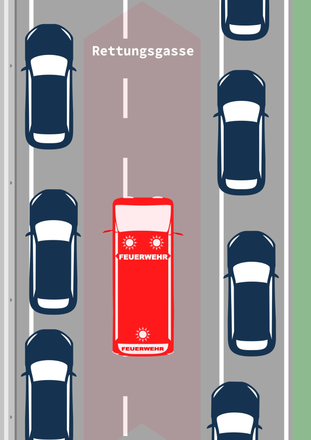 Rotes Auto fährt auf einer Straße mit der Aufschrift "Rettungsgasse", umgeben von anderen Fahrzeugen.