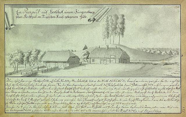 Ein altes Dokument mit einer Zeichnung eines Hofes in einem Feld, umgeben von Häusern, Bäumen und Himmel, mit der Aufschrift "Surgensburg, Deutschland - Landschaft eines Hofes".