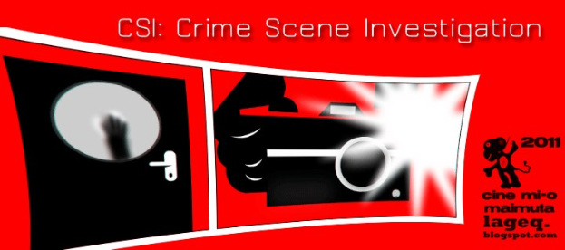 Ein rotes Plakat mit der Aufschrift "CSI Crime Scene Investigation" in weißer Fettschrift zeigt eine Person in einer schwarzen Kapuzenjacke mit entschlossener Miene, umgeben von einem schwarzen und weißen Rand, vor einem dunklen blauen Hintergrund.