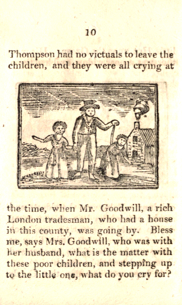 Eine Zeichnung eines Mannes und zweier betroffener Kinder mit dem Text "Thompson hatte keine Opfer zurückgelassen, und sie weinten alle zu der Zeit" darunter.