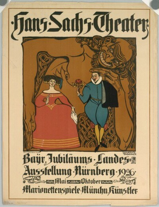 Plakat für das Hans-Sachs-Theater in München, Deutschland, das einen formell gekleideten Mann und eine Frau zeigt, die nebeneinander stehen und vor einem tiefblauen Hintergrund mit Sternen posieren.