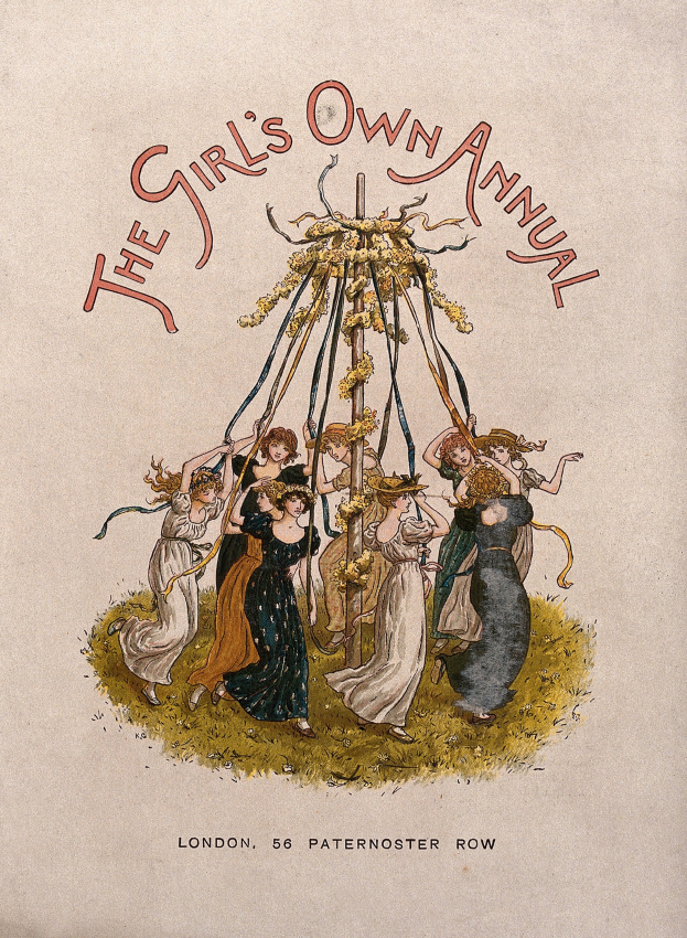 Illustration aus 'The Girl's Own Annual', die Menschen in bunten Kleidern zeigt, die um einen geschmückten Maibaum tanzen.