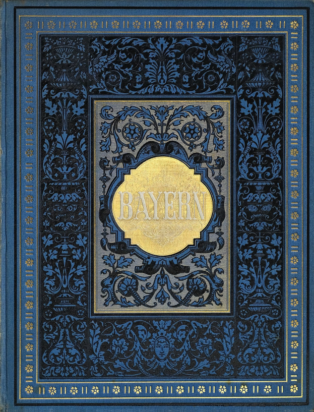 Ein blau-goldenes Buch mit dem Wort "Bayern" auf dem Cover, verziert mit kunstvollen Designs.