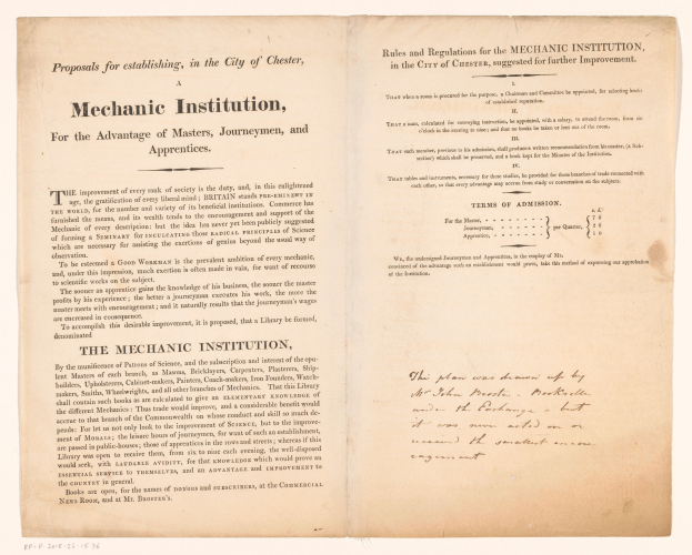 Offenes Buch mit dem Titel "Mechanische Institution, zum Vorteil von Meistern, Gesellen und Lehrlingen", wahrscheinlich ein Vorschlag für die Gründung einer mechanischen Institution.