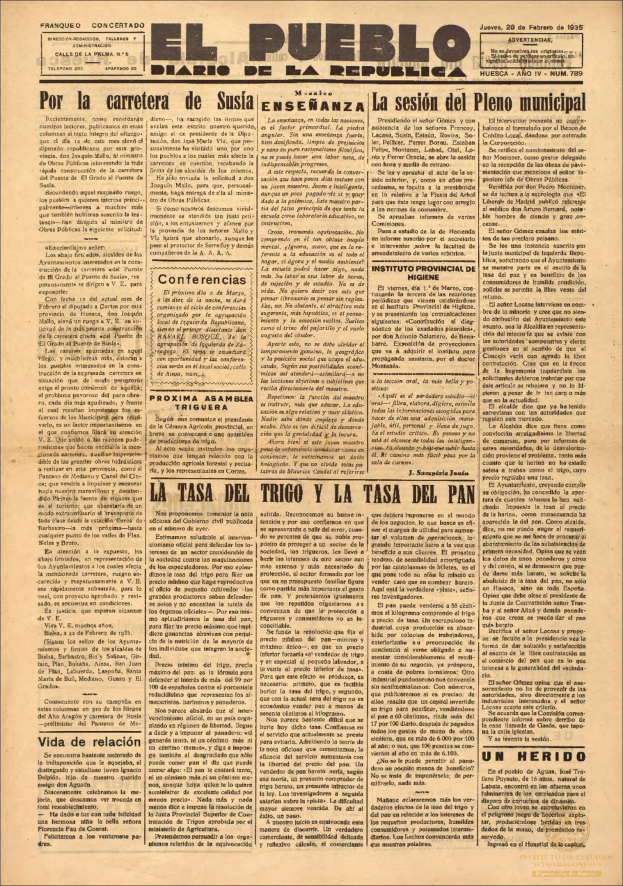 Alte spanische Zeitung 'El Pueblo' aus dem frühen 20. Jahrhundert mit lesbarem Text und einem schwarzen Rand auf einem weißen Hintergrund.