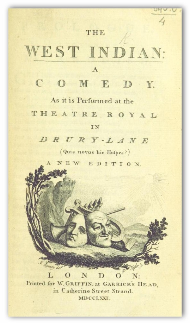 Ein Plakat für 'Die Westindische Komödie' im Theatre Royal in Drury Lane, das ein Schwarz-Weiß-Bild eines Mannes mit Zylinder und einer Frau in einem langen Kleid zeigt, die beide lächeln und in die Kamera schauen, mit dem Titel in fetter, weißer Schrift.
