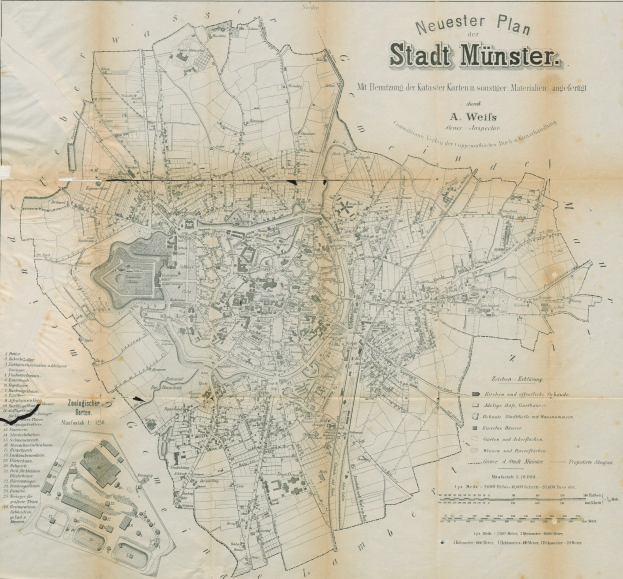 Ausführliche alte Karte von Stadt Münster, Deutschland, zeigt Straßen, Gebäude und Sehenswürdigkeiten mit Textanmerkungen.