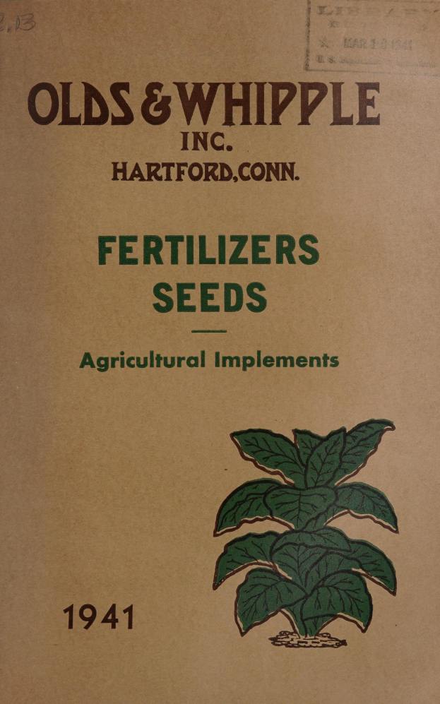 Ein altes Buch mit einer grünen Pflanzenillustration auf dem Cover, betitelt "Düngemittel Saatgut Landwirtschaftliche Geräte 1941" in fetter Schrift mit einem weißen Rand.