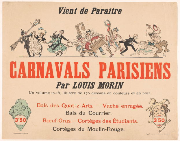 Ein Blatt mit der Überschrift "Carnivals Parisiens par Louis Morin" in fetter Schrift, das farbenfrohe, detailreiche Abbildungen von Menschen in bunten Kostümen und Masken bei einer lebhaften KarnevalsSzene zeigt.