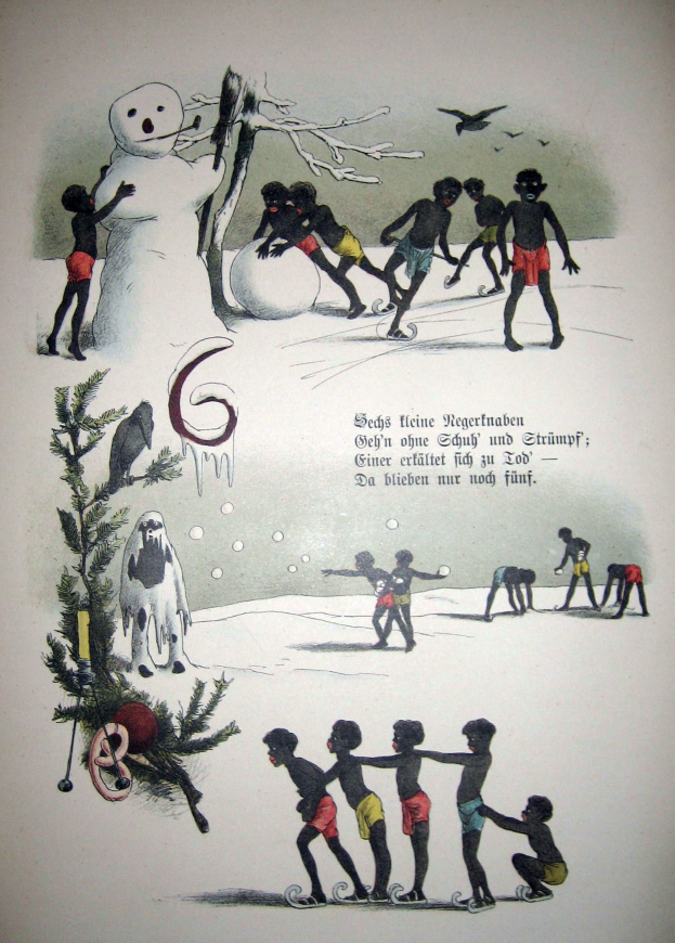 Ein altes Buchblatt mit einer Zeichnung von Kindern, die im Schnee spielen, einem Schneemann, einem Baum und Vögeln, begleitet von Text.