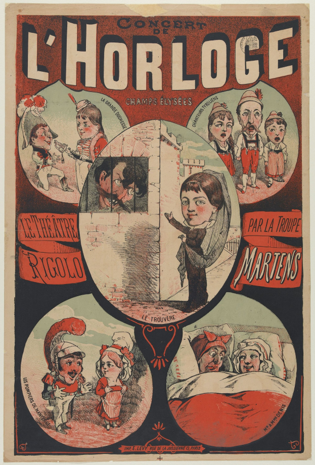 Plakat für ein Konzert im Chorloge Theater in Paris mit einer Gruppe von Menschen in bunten Kostümen umgeben von Text.