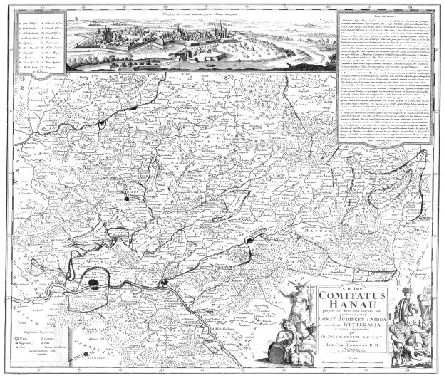Schwarzes und weißes Plakat einer detaillierten Karte von Comitius Hanau, das Straßen, Gebäude und Menschen in Bildern und Text zeigt.