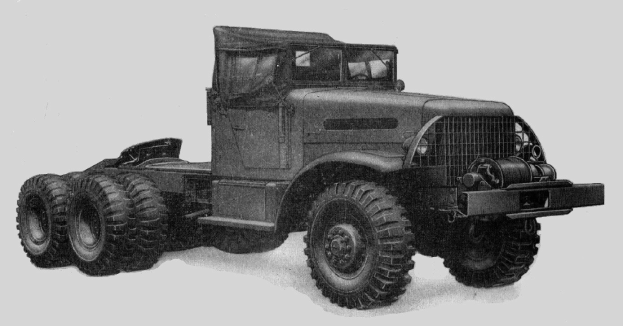 Schwarze und weiße Zeichnung eines robusten Geländelastwagens mit großen Vorder- und Hinterreifen.
