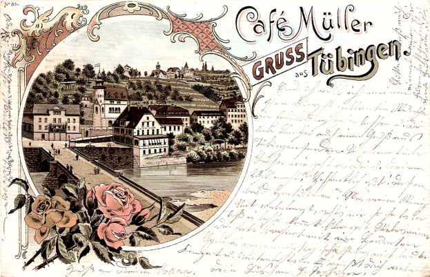 Alte Ansichtskarte mit einer Stadtansicht mit Gebäuden, Bäumen, Wasser, Menschen, Blumen und handgeschriebener Text.