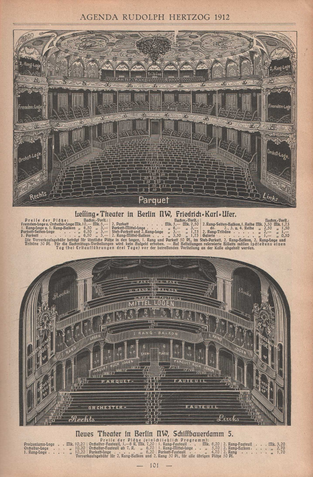 Ein altes Buch mit einer Zeichnung eines großen Auditoriums in Berlin, Deutschland aus dem Jahr 1912.