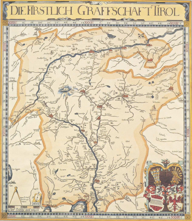 Ein detailliertes historisches Plakat der ersten Grafschaft Tirol-Karte, das geografische Merkmale wie Flüsse, Berge und Städte sowie erklärenden Text über die Region zeigt.