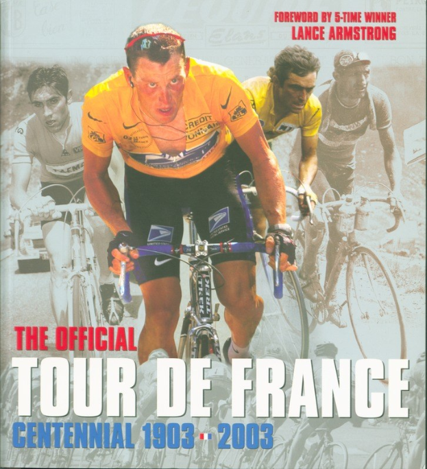 Offizielles Tour-de-France-Jubiläumsplakat (1903–2003) mit einer Gruppe von Rädern und Textdetails über das Ereignis.