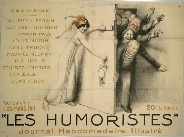 Ein Plakat an einer Gebäudewand mit einer Gruppe lachender Menschen und der Schrift 'Les Humoristes Journal Hebdomadaire Illustré' in fetter Schrift oben.