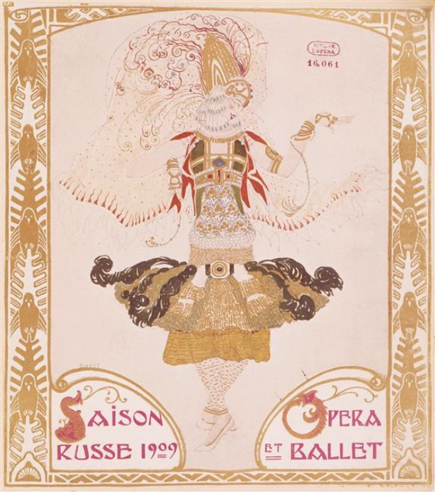Plakat für eine 1909er Pariser Ballettvorstellung mit dem Titel "Saison Russe" mit einer gemalten Tänzerin in einer anmutigen Pose.