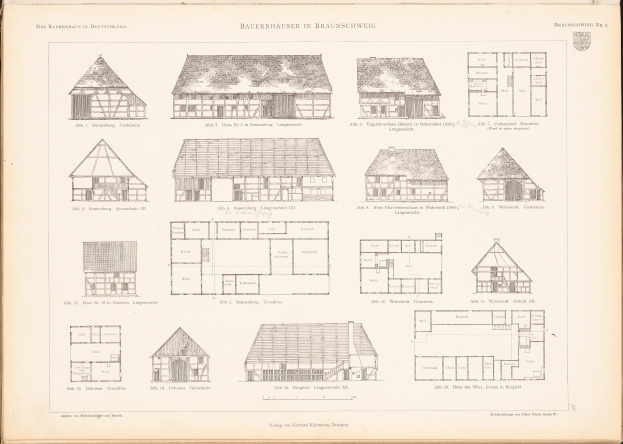 Ein aufgeschlagenes altes Buch mit detaillierten Architekturplänen und -zeichnungen verschiedener Hausentwürfe.