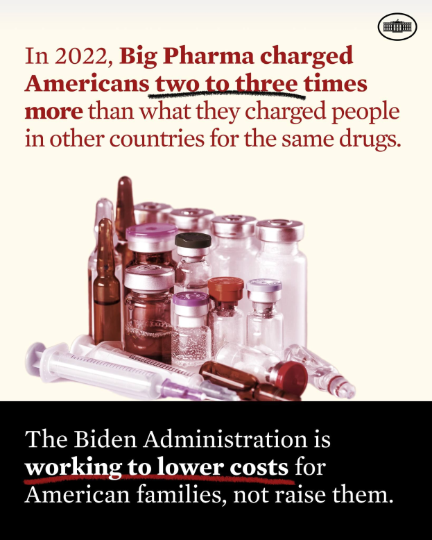 Plakat, das zeigt, dass Big Pharma in 2022 Amerikaner zwei bis drei Mal so viel für dieselben Medikamente berechnet hat wie in anderen Ländern, mit Bildern von Medikamentenflaschen und einer Spritze.