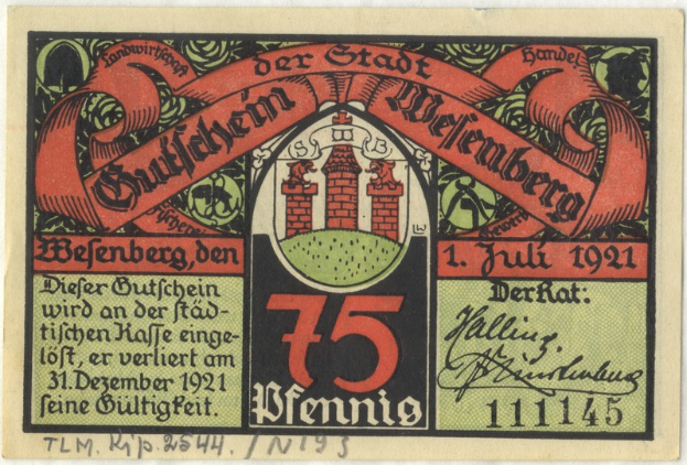 Ein altes deutsches Geldscheinmotiv mit einem Gebäude, dem Text 'Bundesliga' und einem Logo unten auf einem weißen Hintergrund.