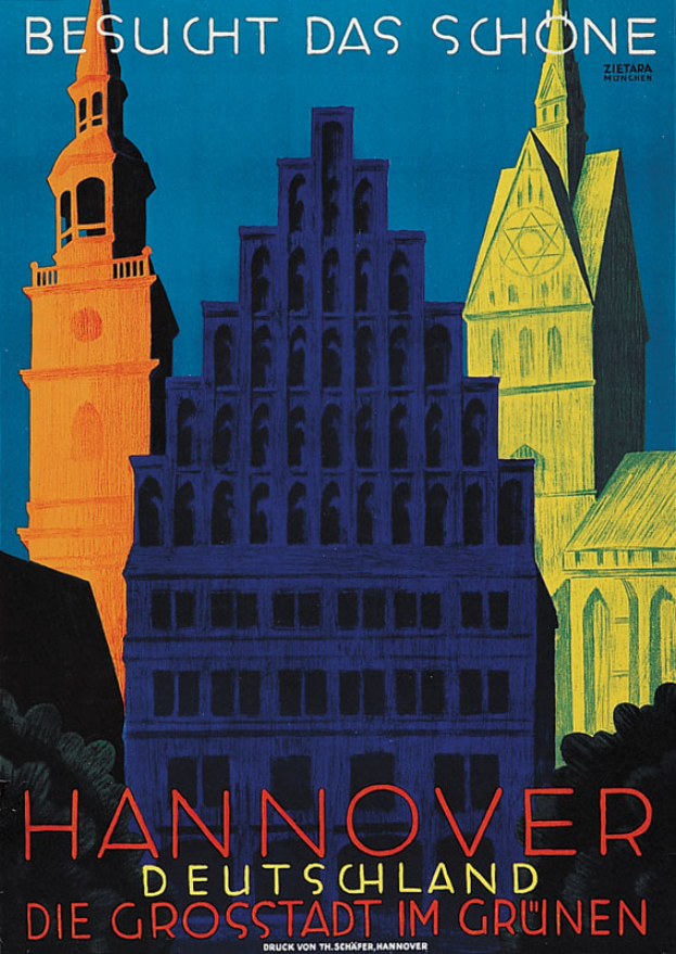 Ein Plakat, das Hannover, Deutschland, mit einigen Gebäuden, Bäumen und Texten zeigt, die Informationen über die Stadt bereitstellen.