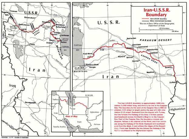 Detailierte Wandkarte der iranisch-sowjetischen Grenze, die Länder, Grenzen, geografische Merkmale und zusätzliche Textinformationen zeigt.