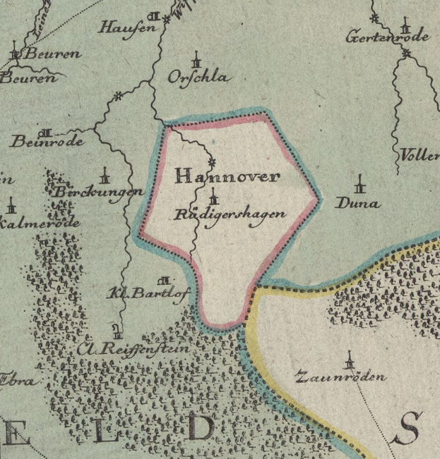 Detailiertes altes Stadtplan von Hannover, Deutschland, mit Textanmerkungen, die geografische Merkmale, Bevölkerung, Straßen und Sehenswürdigkeiten zeigen.