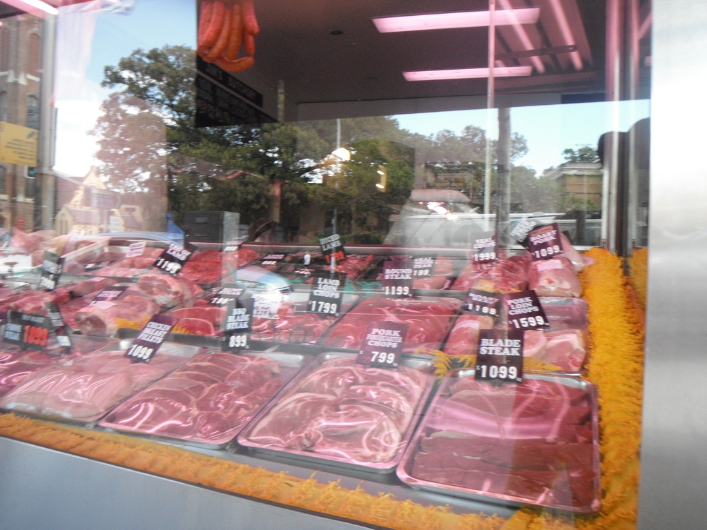 Eine Glasvitrine in einem Metzgerladen, die Tabletts mit Fleisch und Preisschildern zeigt, Gebäude und Bäume durch die Scheibe sichtbar und die Decke des Raums oben im Bild.