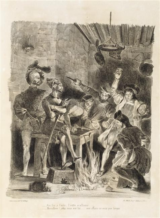 Schwarze und weiße Gravur, die eine Gruppe verzweifelter Menschen zeigt, die sich um ein Feuer scharen, mit einer Wand im Hintergrund und der Inschrift "Der Tod des Königs von England" unten.