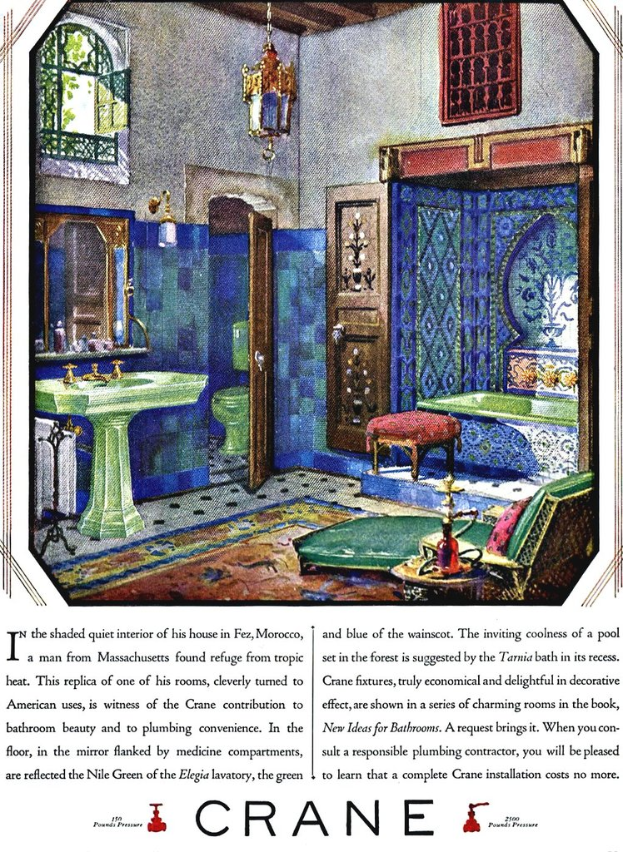 Ein Buchseite mit einer Darstellung eines Badezimmers mit Waschbecken, Wasserhahn, Spiegel, Lampe, Fenster, Tür, WC, Hocker, Stuhl, Badewanne und einem Teppich.