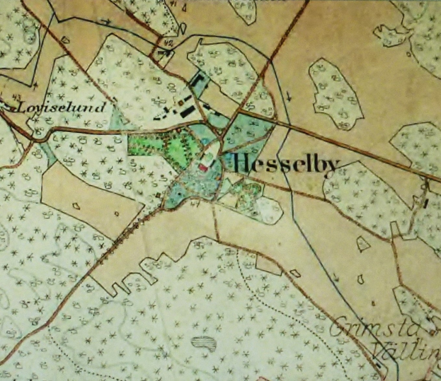 Alte Karte von Hesselby mit detaillierten Straßen, Gebäuden und markierten Sehenswürdigkeiten.