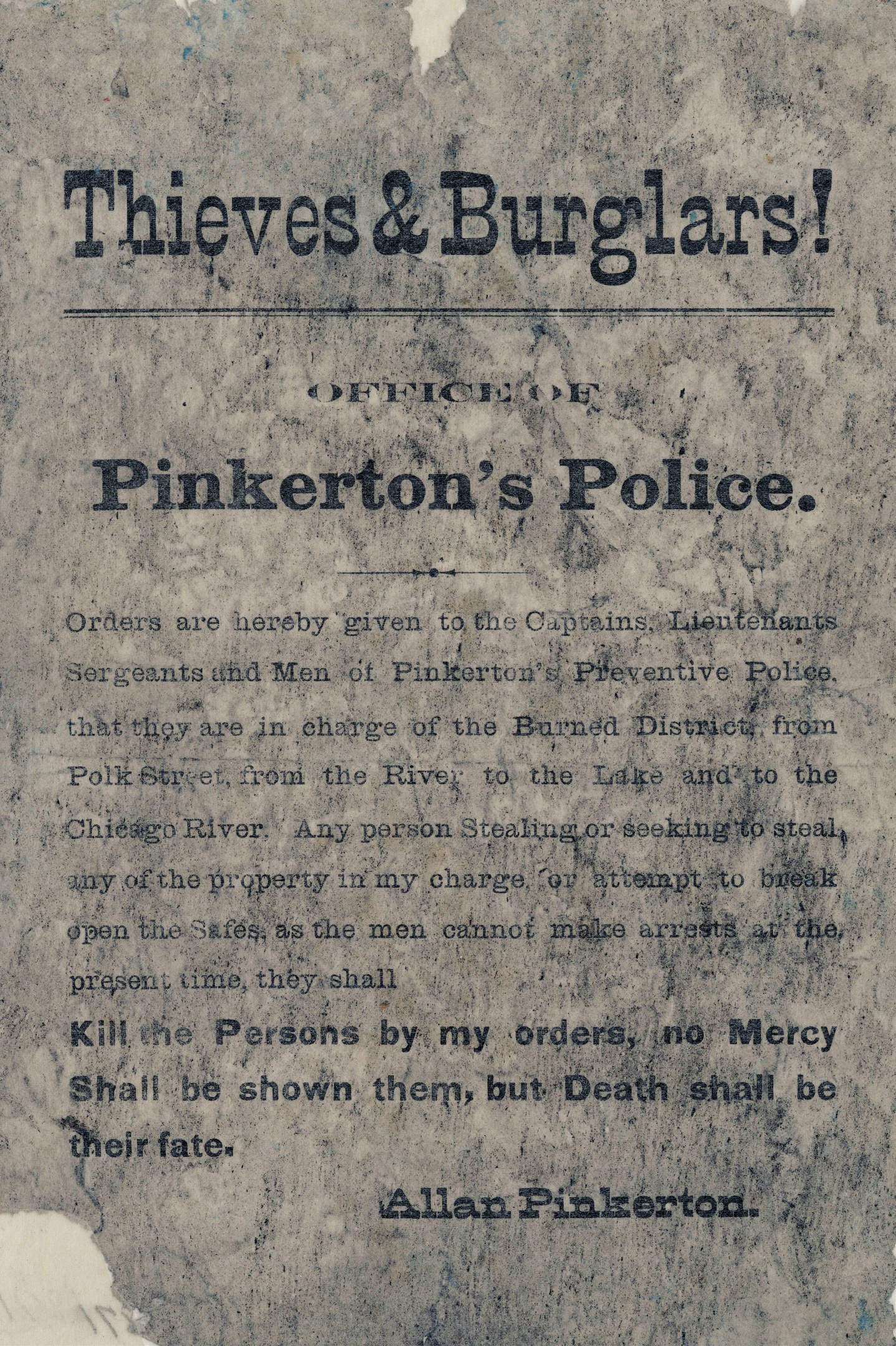 Plakat mit fetter schwarzer Schrift "Diebe & Einbrecher Pinkerton's Police" auf weißem Hintergrund, eingerahmt von einem schmalen schwarzen Rand.
