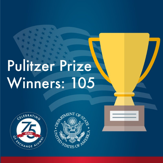 Ein Plakat mit der Aufschrift "Pulitzer-Preisträger 105" mit einem zentralen Pokalsymbol, umgeben von Text und Logos.