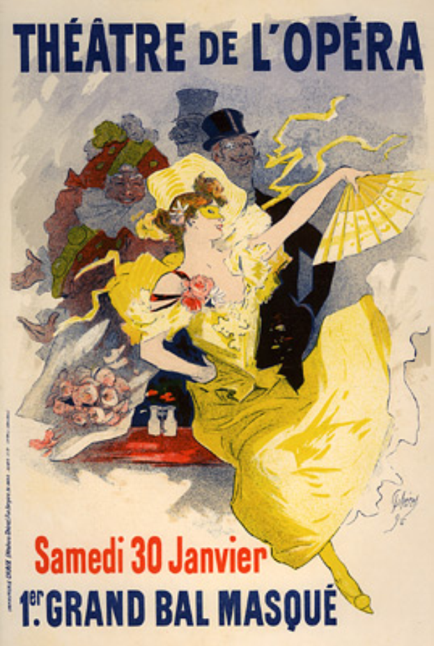 Ein Plakat, das das Théâtre de l'Opéra in Paris ankündigt, mit einer Frau in einem gelben Kleid darauf.