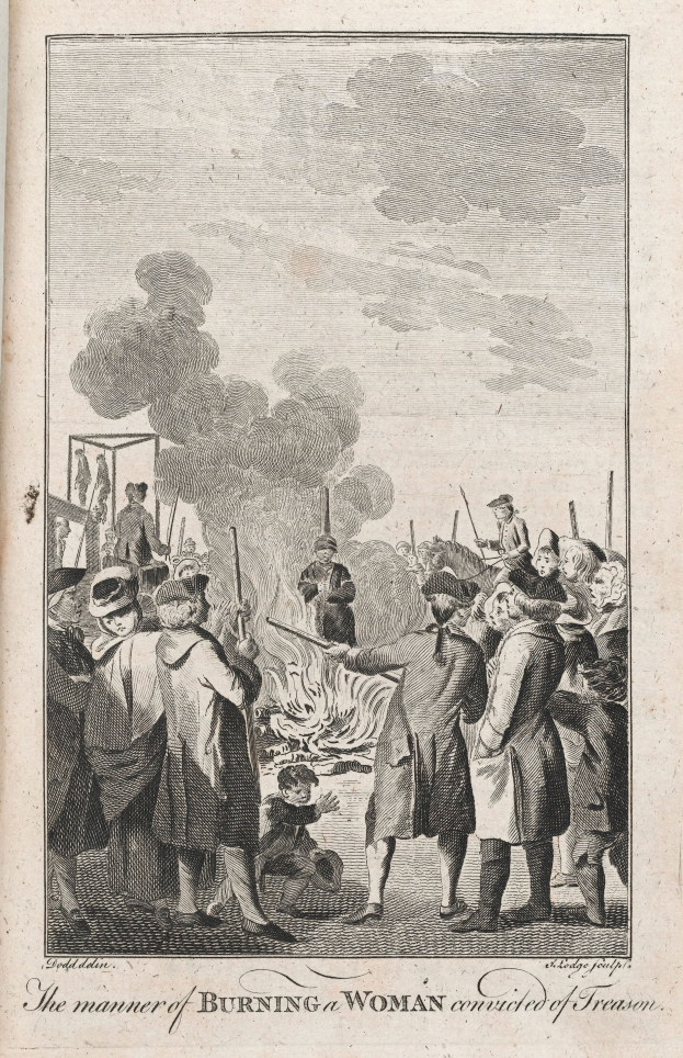 Eine Gruppe von Menschen steht um ein Feuer herum, aus dem Rauch aufsteigt, und ein Text unten mit der Aufschrift "Die Art und Weise, wie eine wegen Hochverrats verurteilte Frau verbrannt wird".